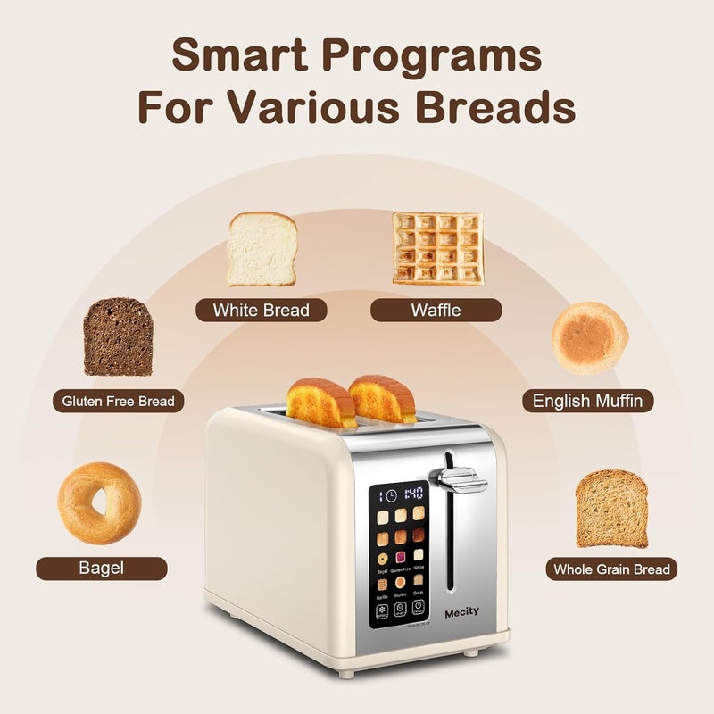 Mecity 2 Slice Touch Screen Toaster, 1.5" Wide Slot, Stainless Steel Smart Toaster for Bagels, Muffins, Waffles, Gluten-Free Breads, Defrost, Reheat, Timer, 120V 825W, Cream Color - Image 3